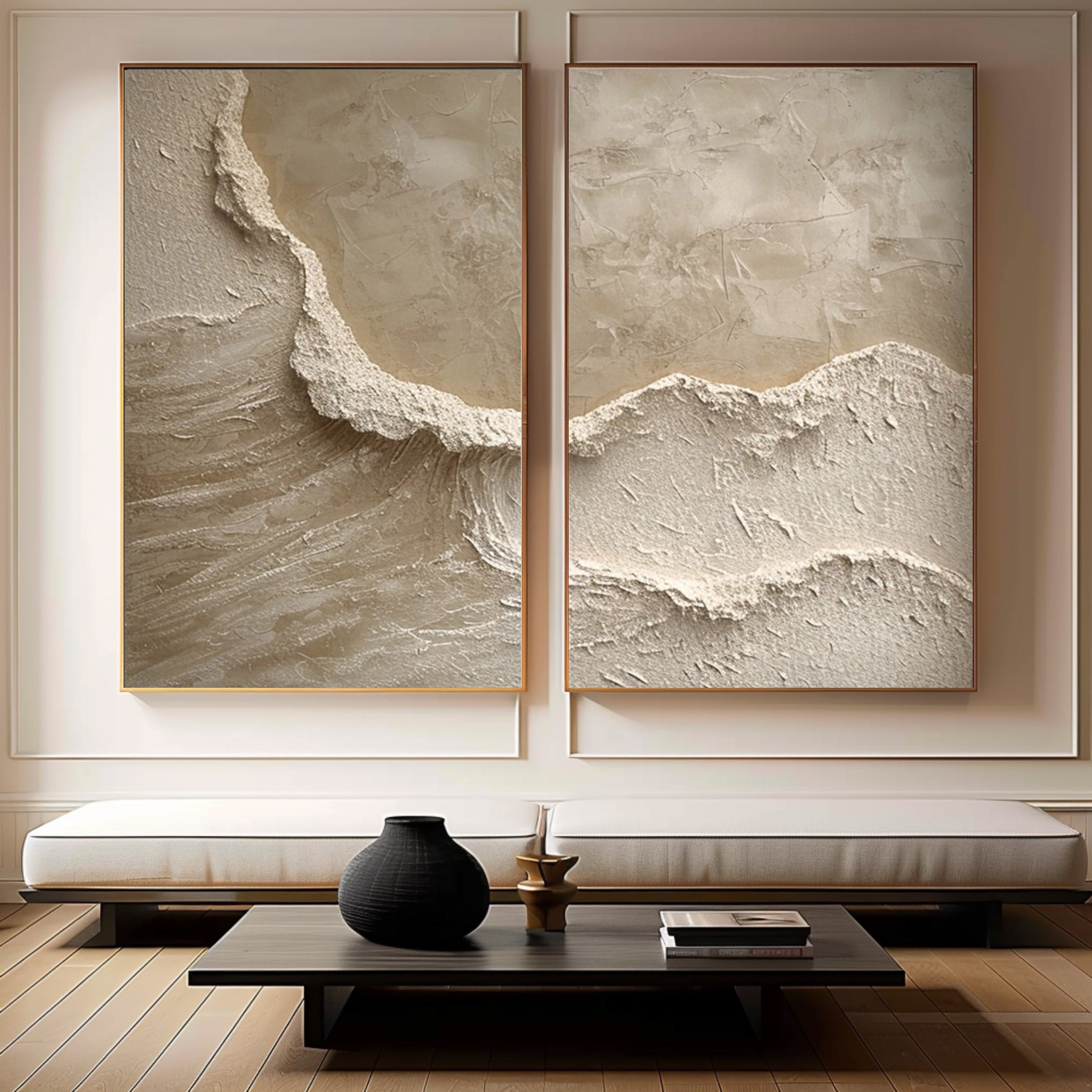 3D Heavy Texture Neutral Beige Diptych CZ0093 - Viral Wall Art